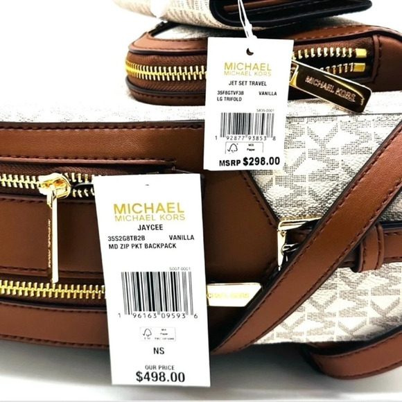 Michael Kors Medium Jaycee Zip Packet Backpack & Trifold Wallet Vanilla/Brown - Picture 16 of 16
